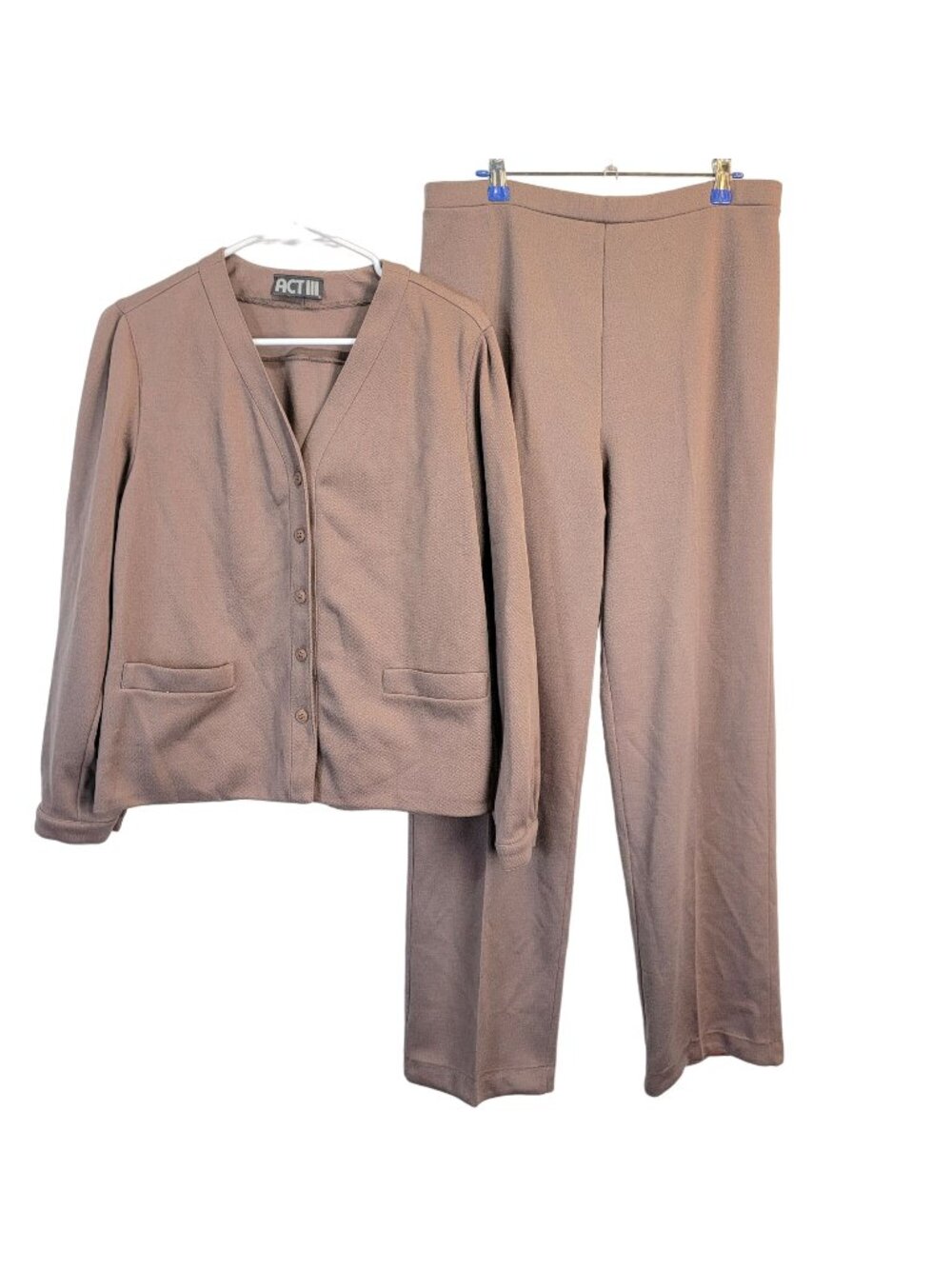 Vintage 70s Suit Women Large 14 Brown Jacket High Rise Straight Pants Retro Work